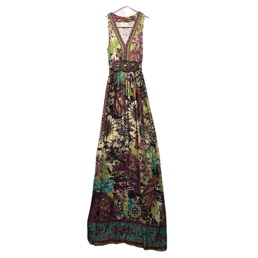 Vintage Y2K ECI Maxi Dress Sleeveless Boho Baby Doll Hippie Size 6 Beaded Brown